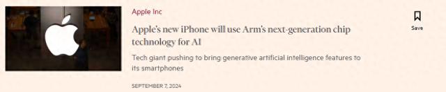 苹果iPhone 16系列搭载基于Arm最新V9架构的A18芯片，AI性能进一步增强